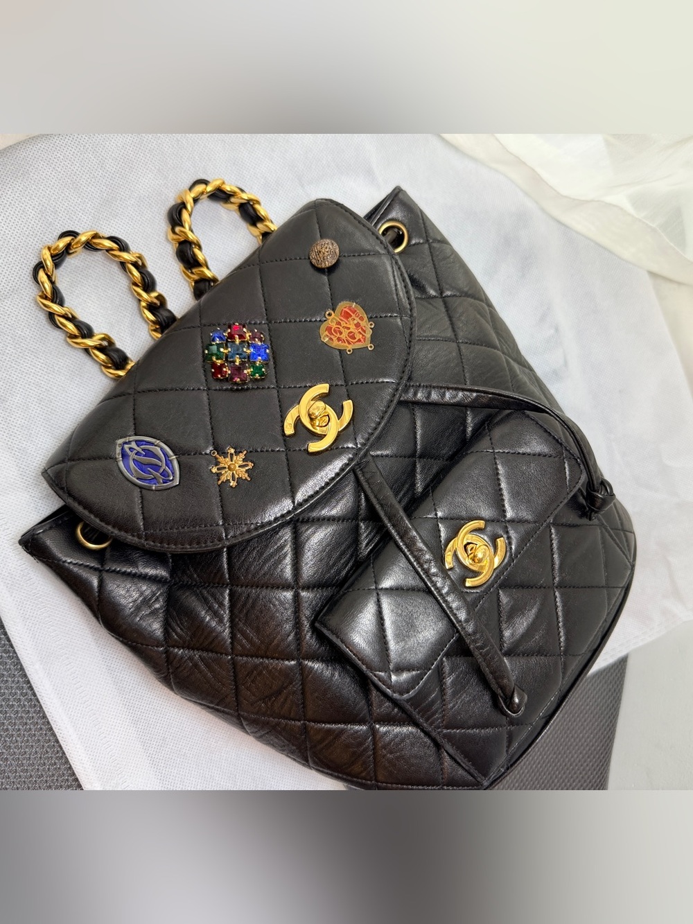 Vintage Chanel duma backpack black gold lambskin charms limited edition